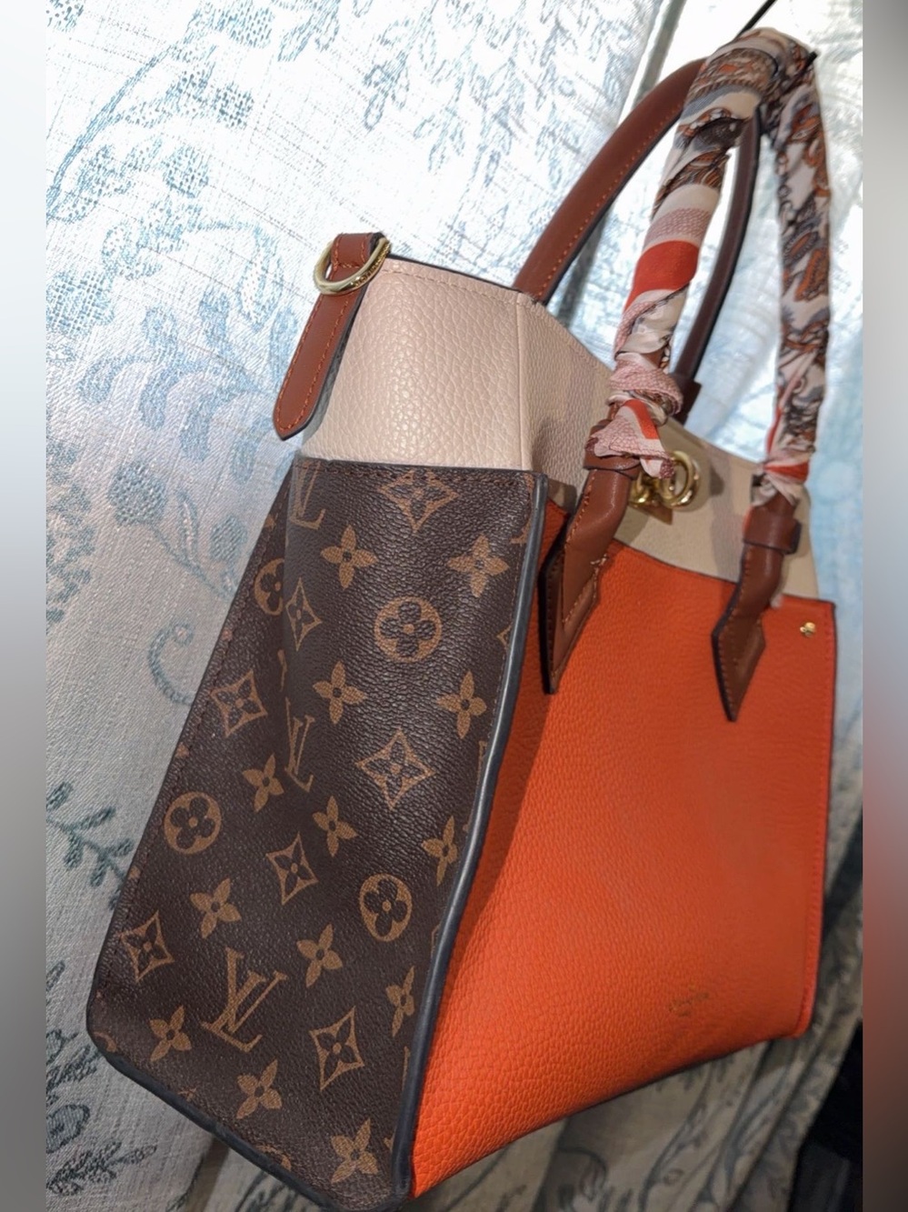 Orange and Cream Leather Tote with Monogram Side Panels - Picture 6 of 10
